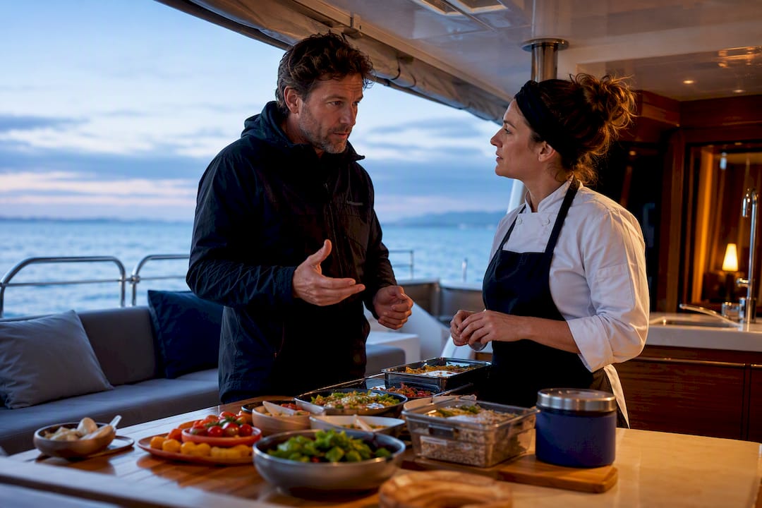 Captain and chef discussing yacht dietary plan