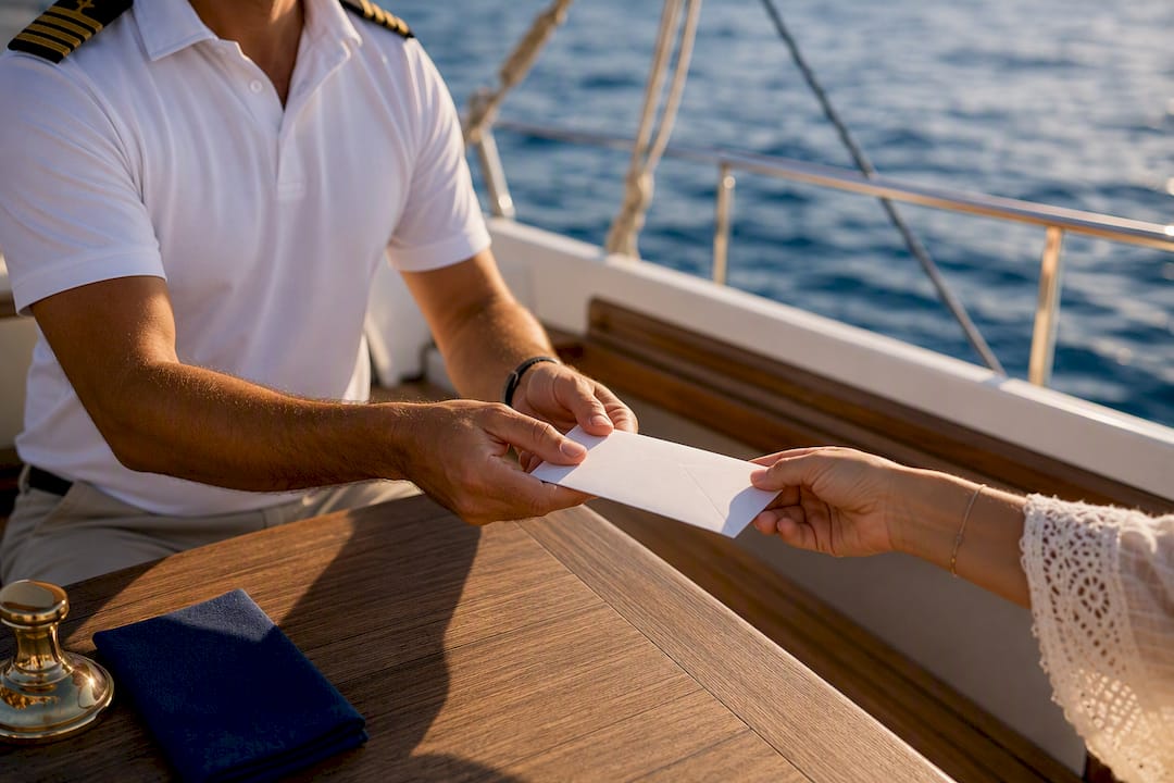 Guest handing gratuity envelope to yacht captain