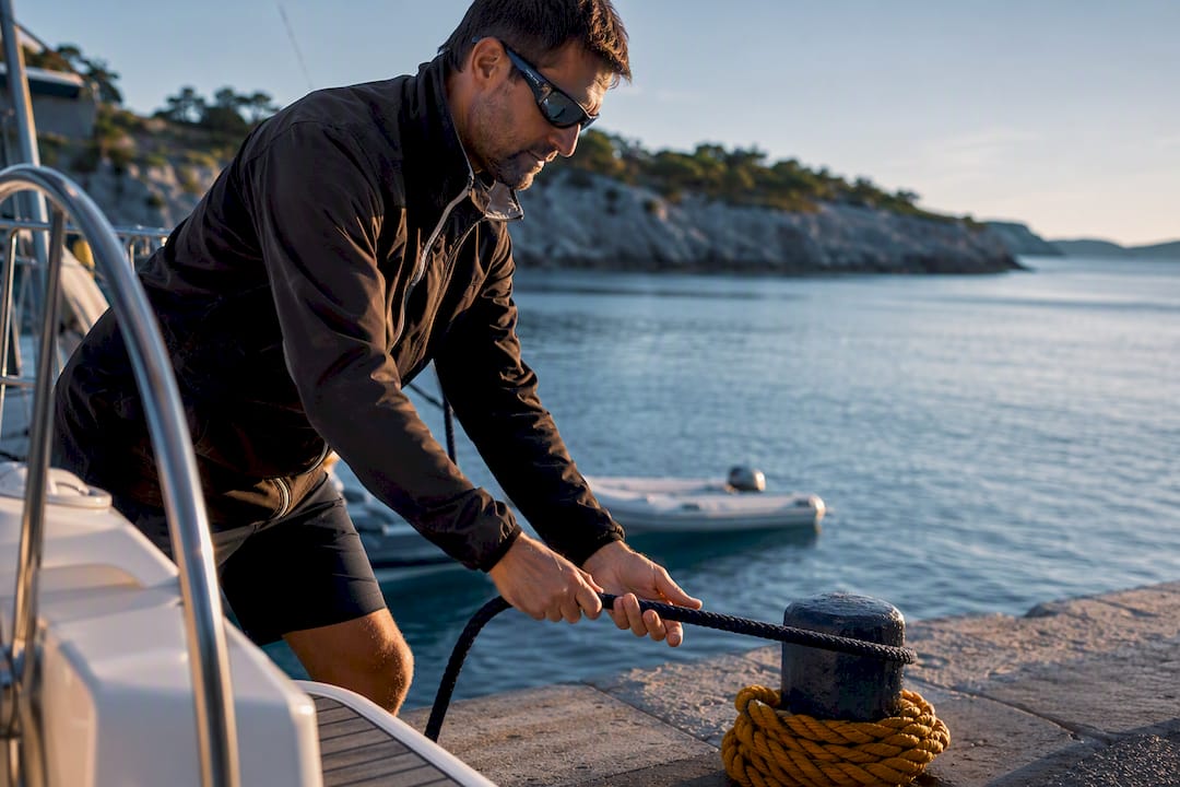 Skipper handling mooring line in harbor