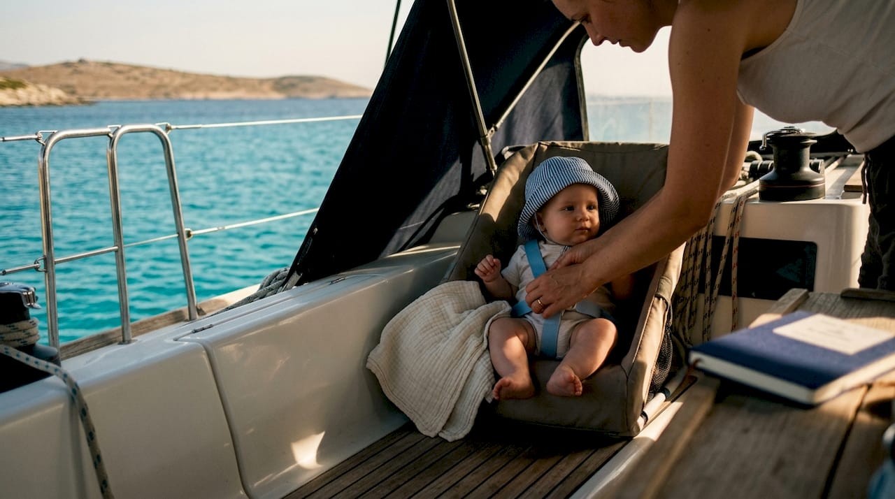 Parent securing infant during Mediterranean sailing