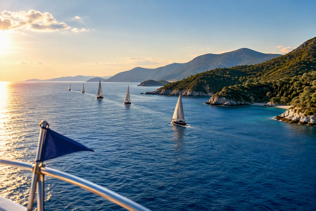 Flotilla sailing along Lefkada coastline