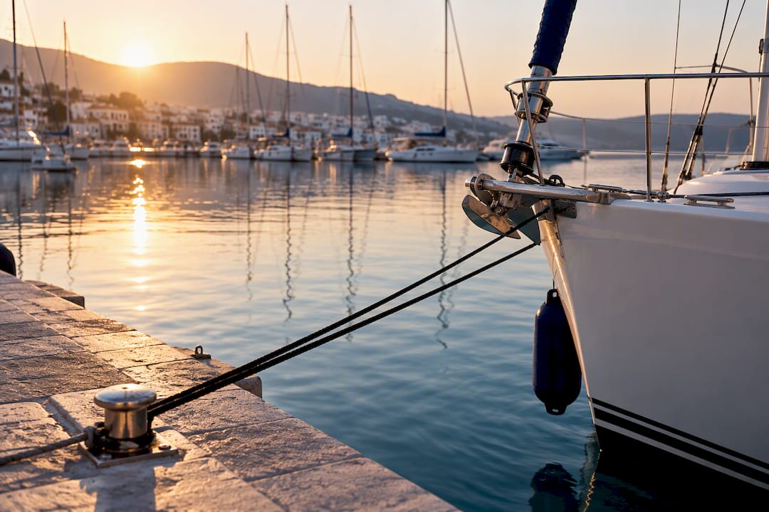 Cropped charter yacht at Greek marina