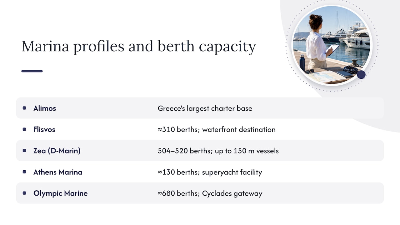 Five Athens marinas compared by berths and routes