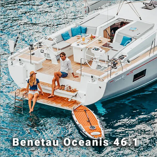 Beneteau Oceanis 46.1 sailing yacht with two people on its swimming platform