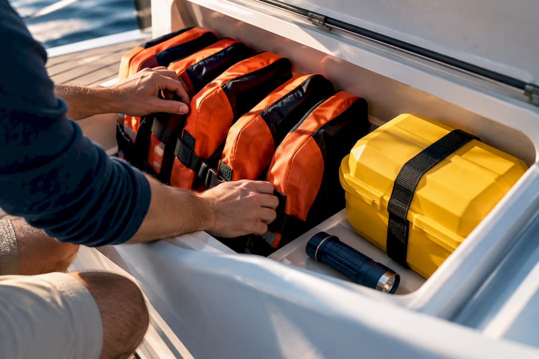 Skipper counting sailing safety equipment