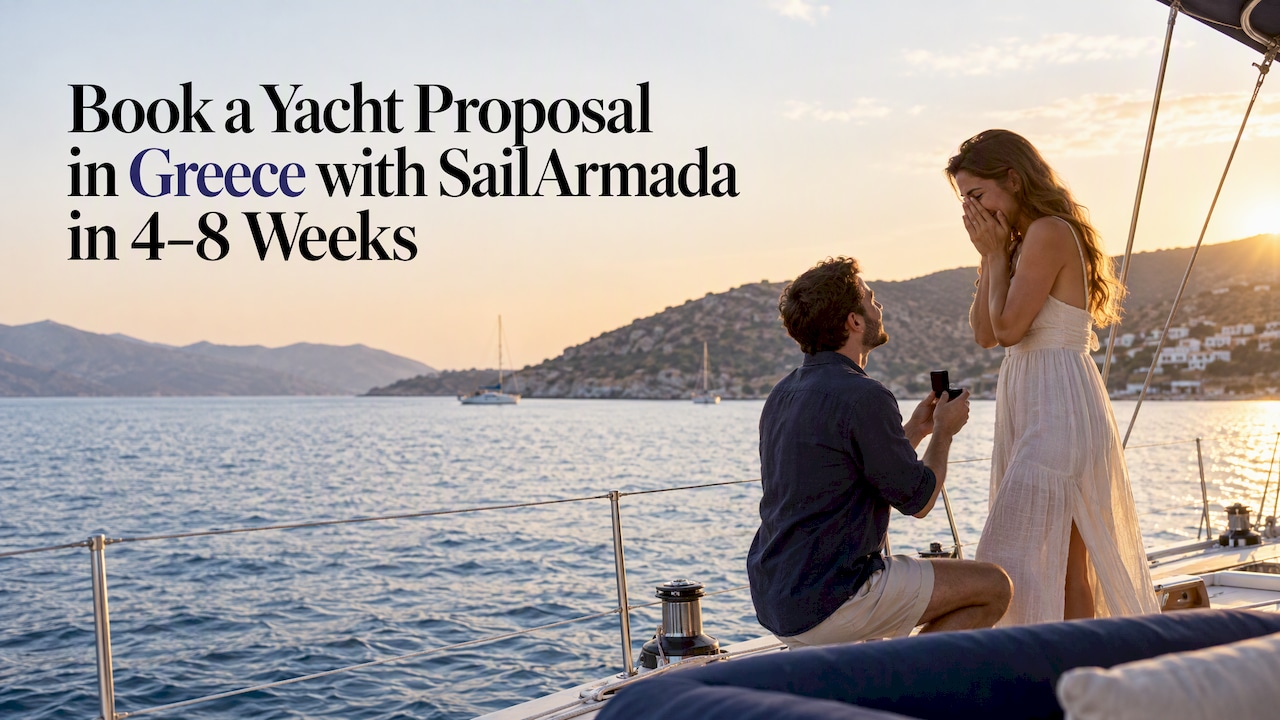 Couple proposing on a Greek sailing yacht