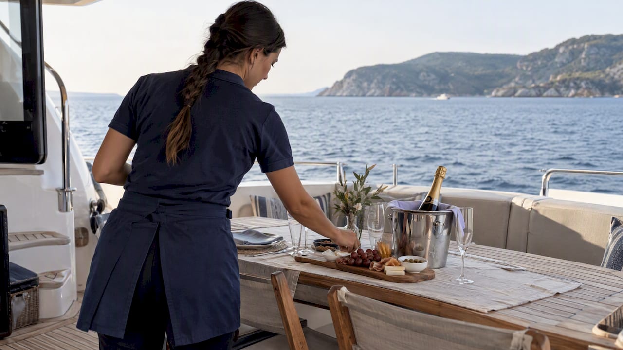 Champagne and charcuterie prepared on yacht