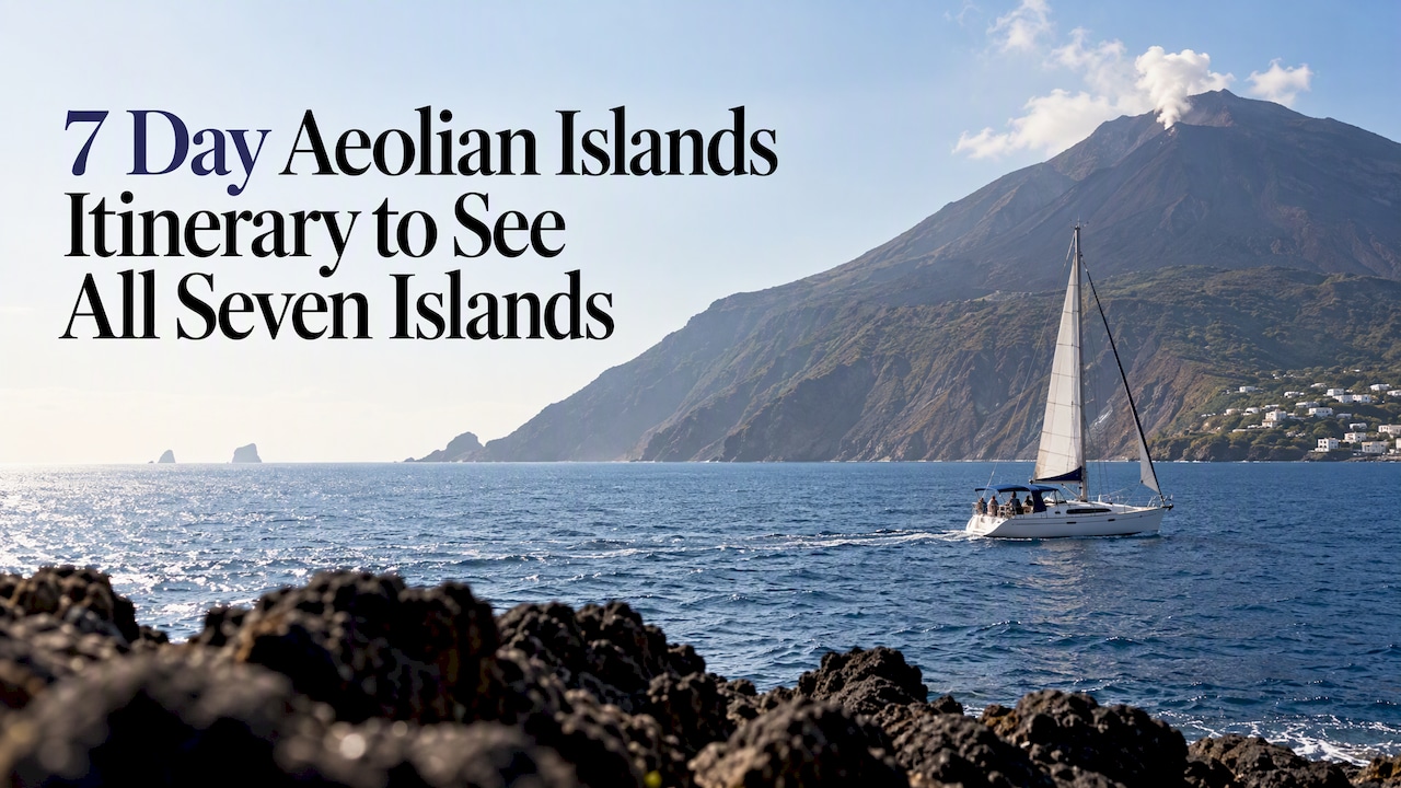 Sailboat passing Stromboli's volcanic coastline