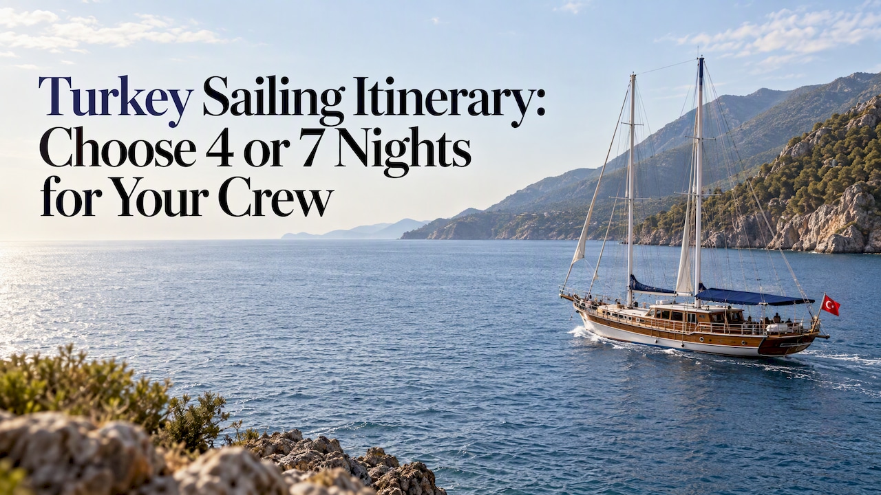Turkish gulet sailing along a rugged coast