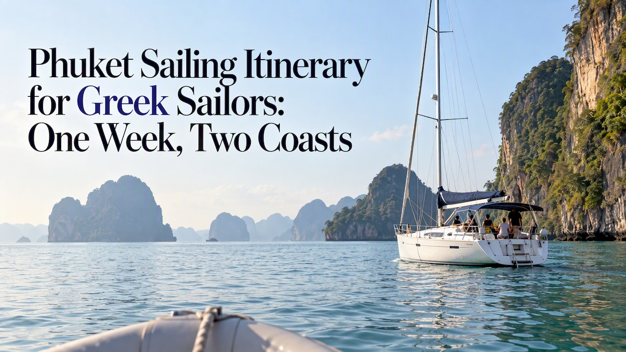 Sailing yacht among Phang Nga Bay karsts