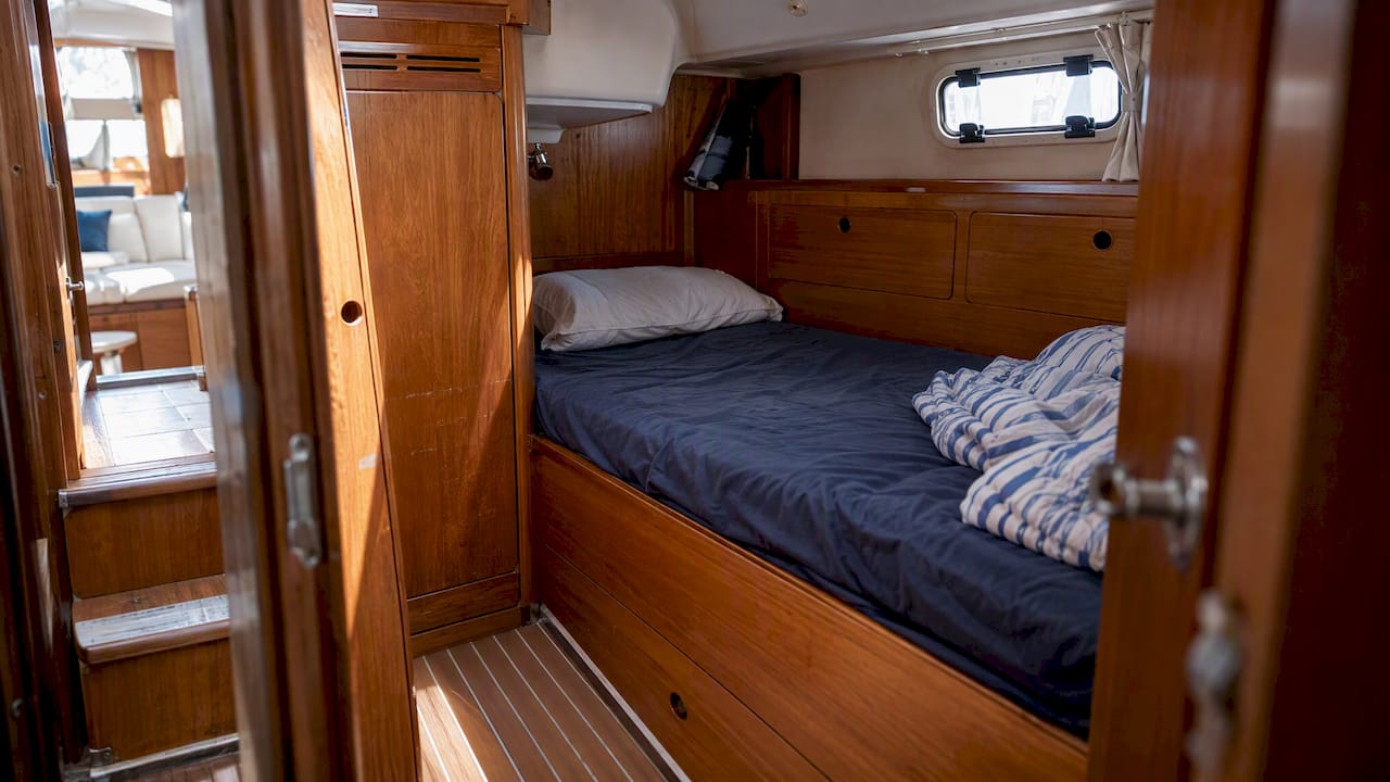 Compact cabin aboard a sailing yacht