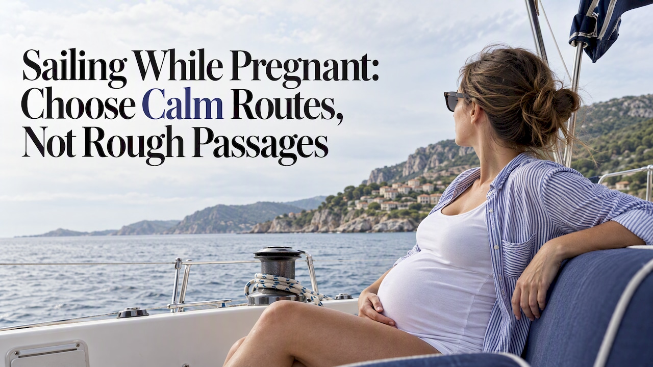 Pregnant traveler sailing on calm Mediterranean water