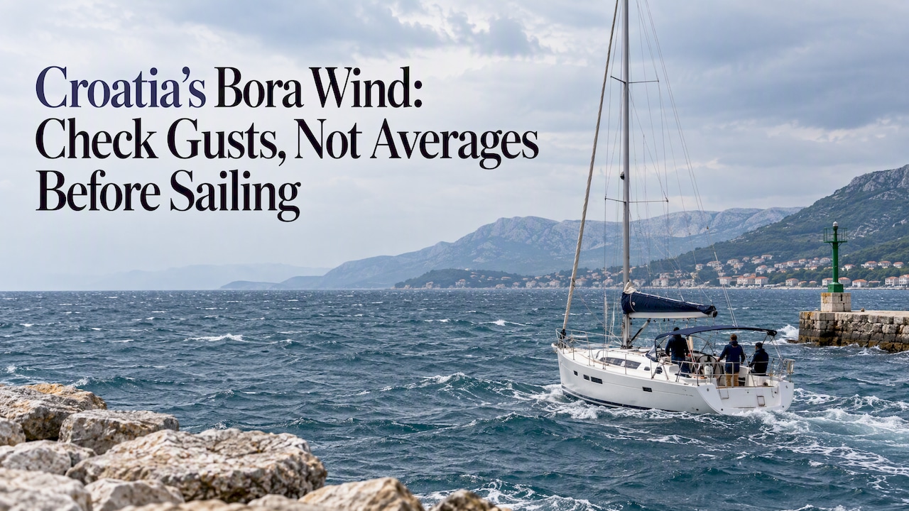 Sailboat crossing gusty Croatian coastal water