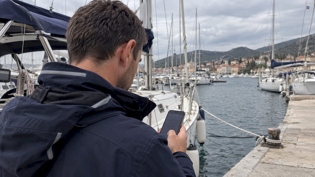 Skipper checks a weather forecast at a marina