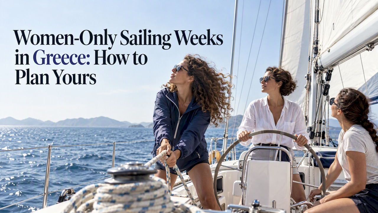 Women friends sailing together in Greece