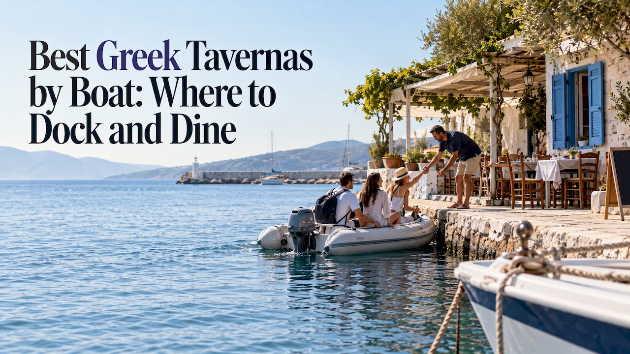 Dinghy approaching a Greek waterfront taverna