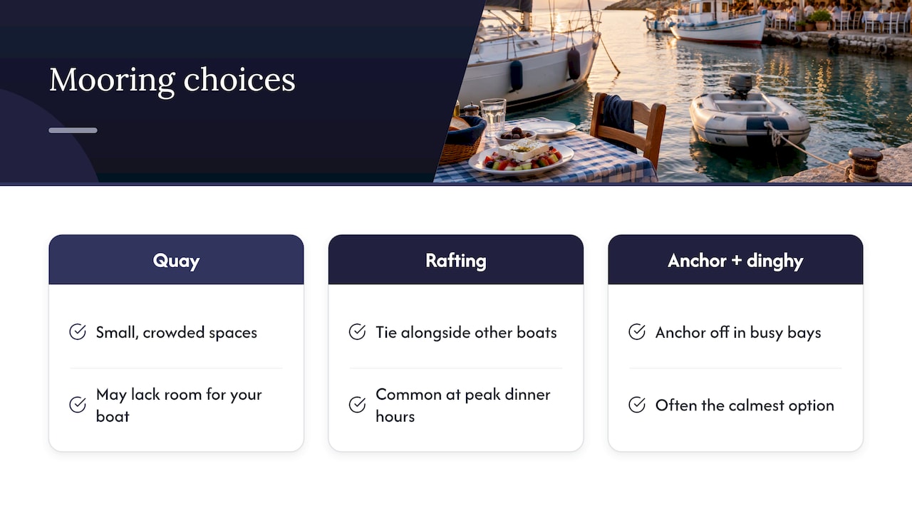 Quay, rafting, and anchor with dinghy options