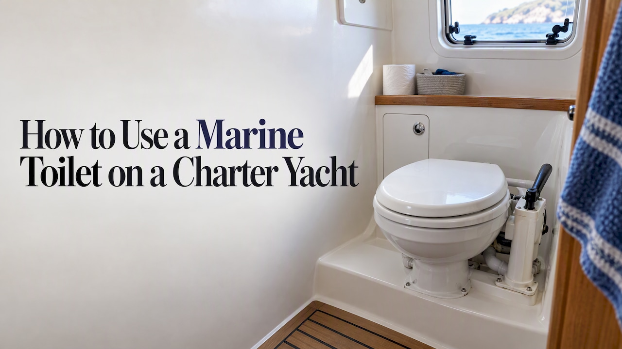 Manual marine toilet inside a yacht cabin
