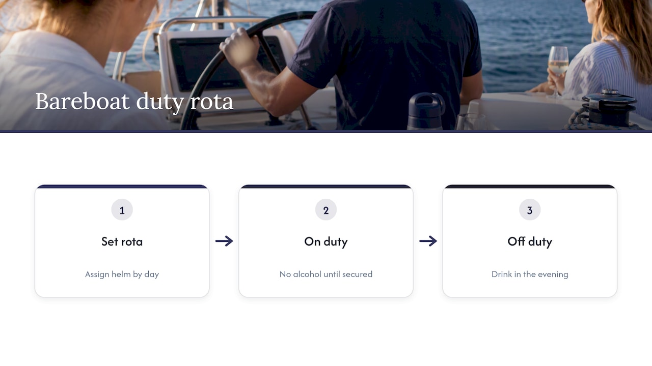 Bareboat crew duty rota and drinking rule