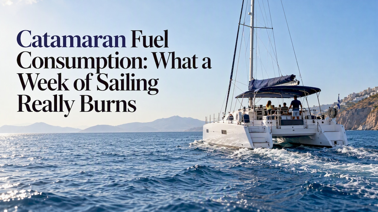 Sailing catamaran motoring across Greek water